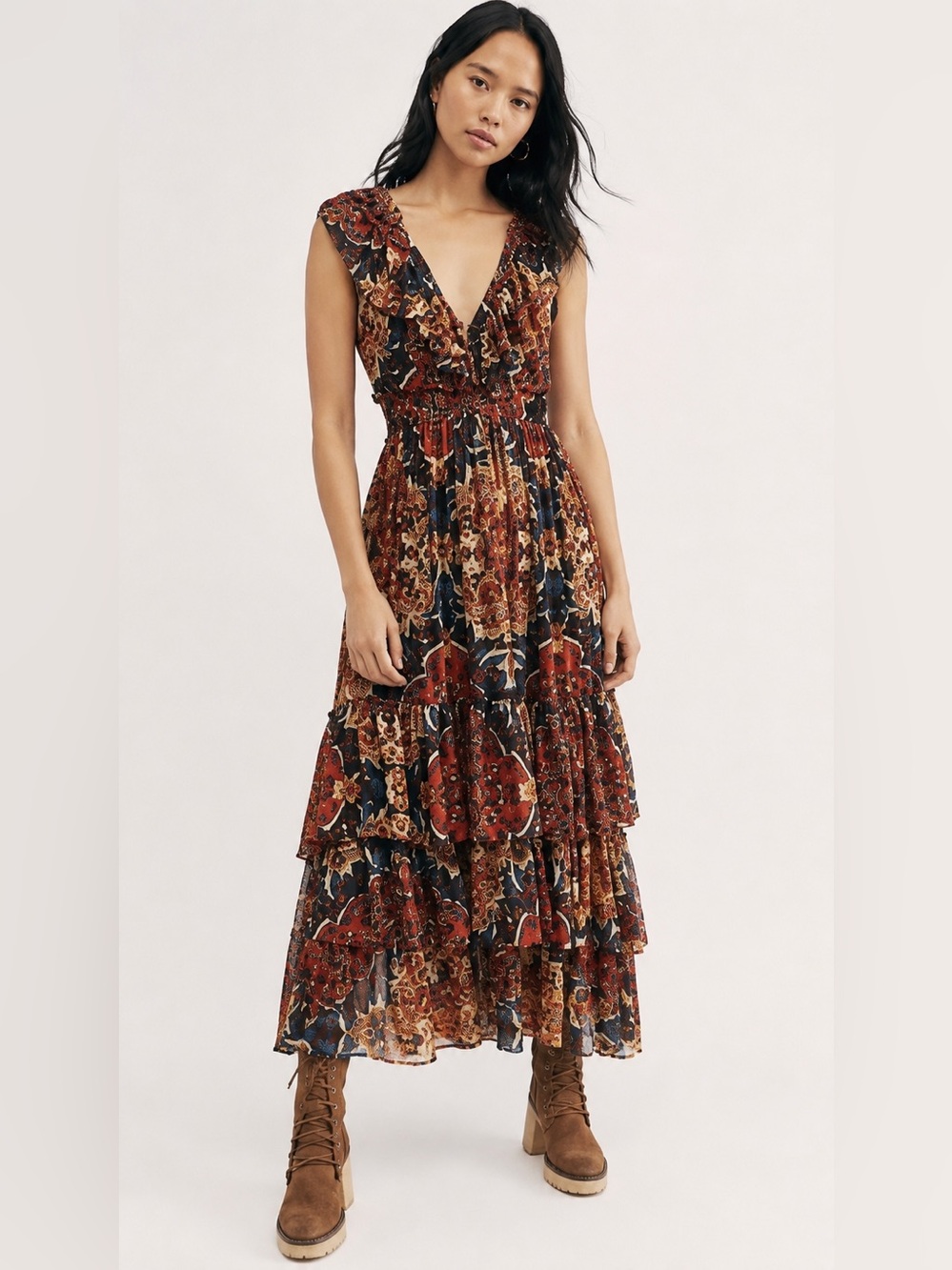 New Free People Wear It Out Maxi Tiered Ruffled Dress Boho Festival Cowgirl